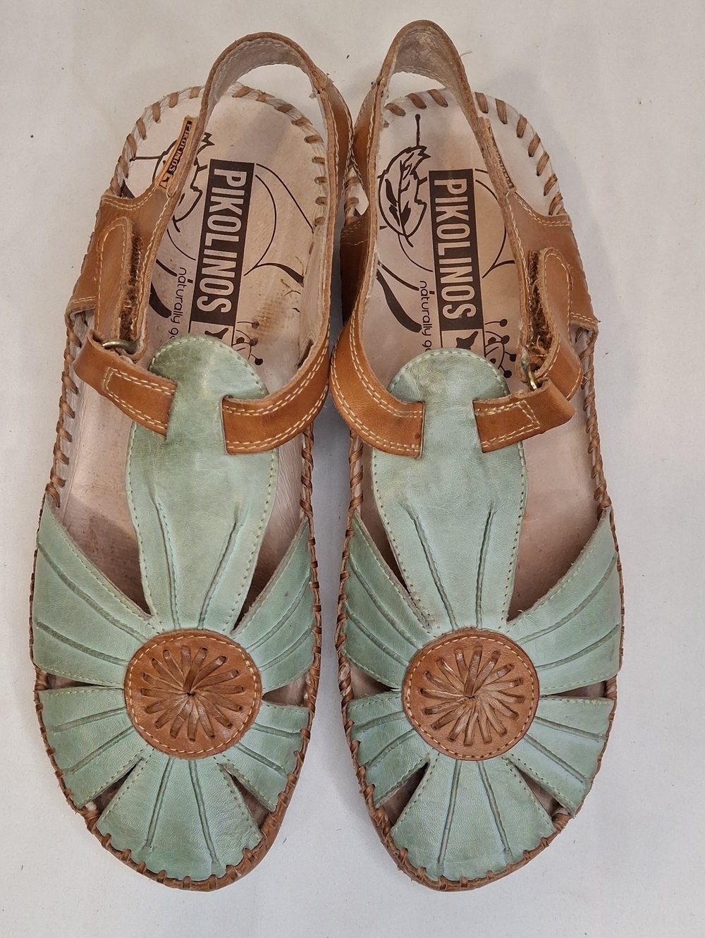 PIKOLINOS Puerta Vallarta Mint Green and Tan Leather Slingback Sandals